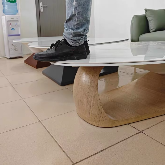Minimalist Stone Wood Panel Oval Coffee Table