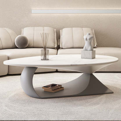 Minimalist Stone Wood Panel Oval Coffee Table — Gray