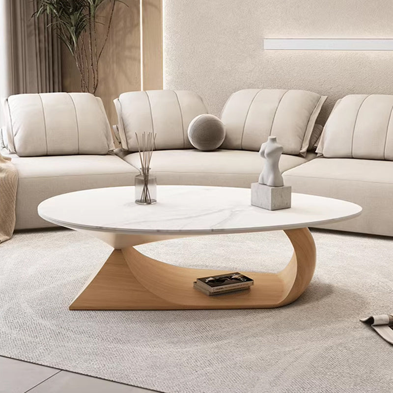 Minimalist Stone Wood Panel Oval Coffee Table — White