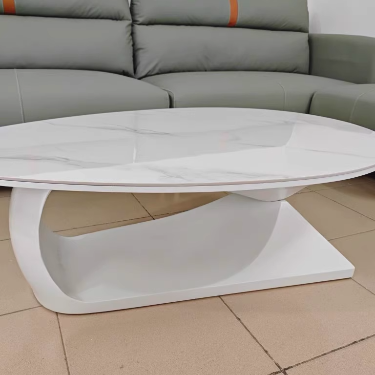 Minimalist Stone Wood Panel Oval Coffee Table