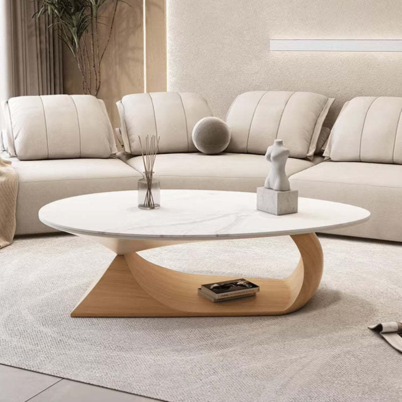 Minimalist Stone Wood Panel Oval Coffee Table — White