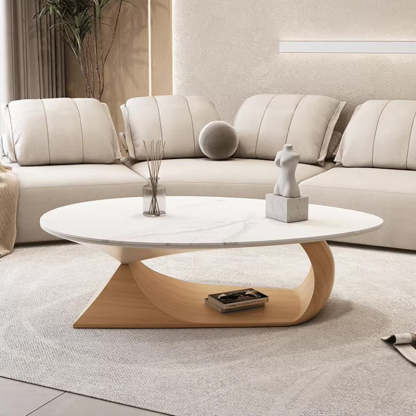 Minimalist Stone Wood Panel Oval Coffee Table — White