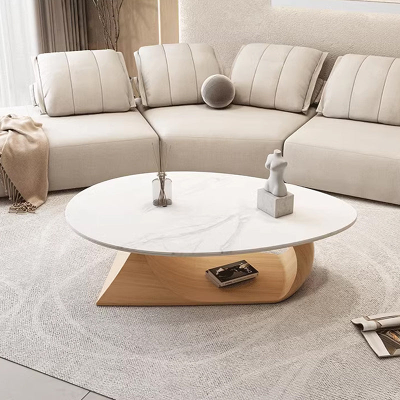 Minimalist Stone Wood Panel Oval Coffee Table — Original Wood Color