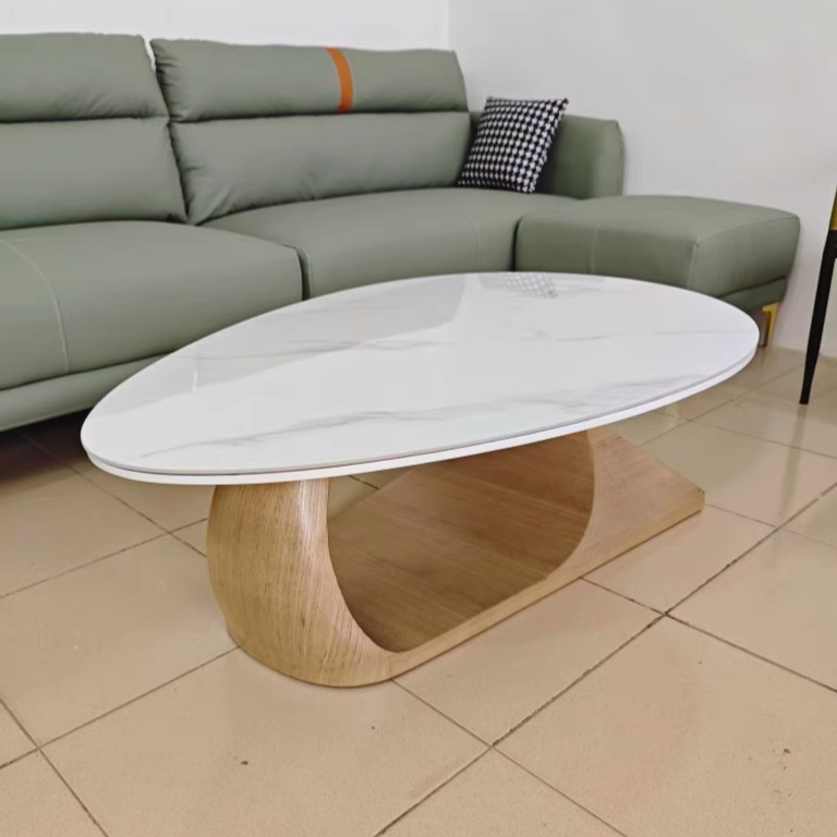 Minimalist Stone Wood Panel Oval Coffee Table