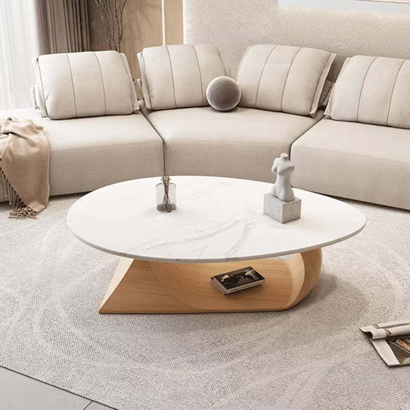 Minimalist Stone Wood Panel Oval Coffee Table — Original Wood Color