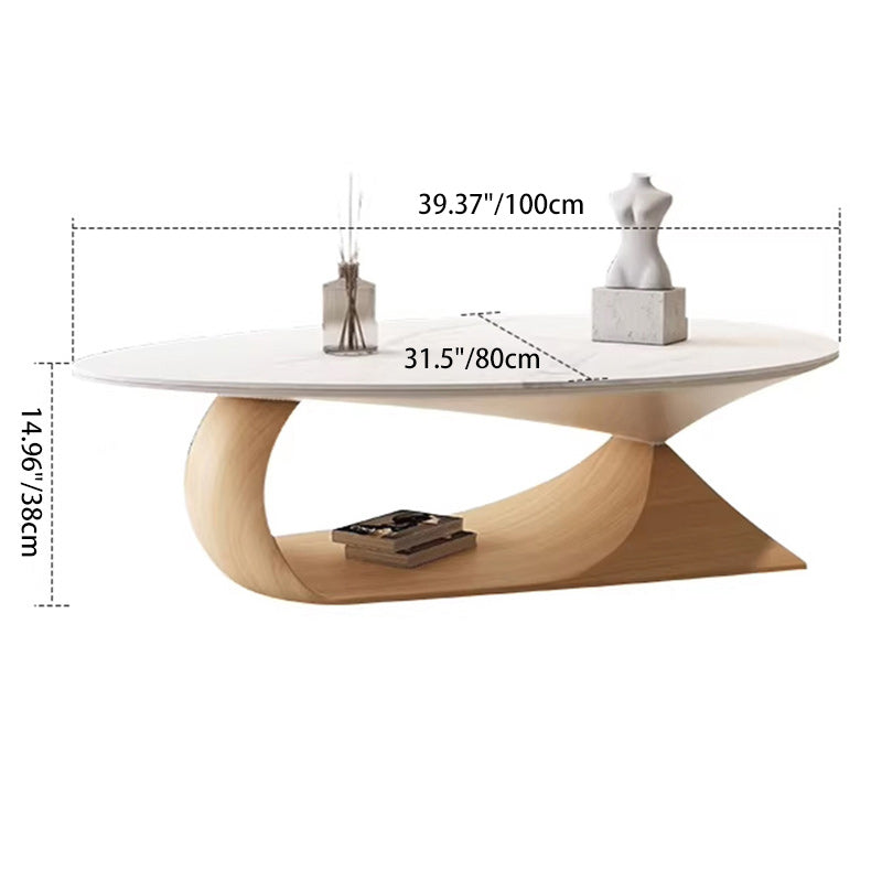 Minimalist Stone Wood Panel Oval Coffee Table — White