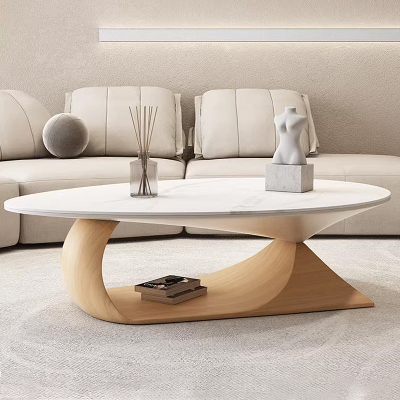 Minimalist Stone Wood Panel Oval Coffee Table — Gray
