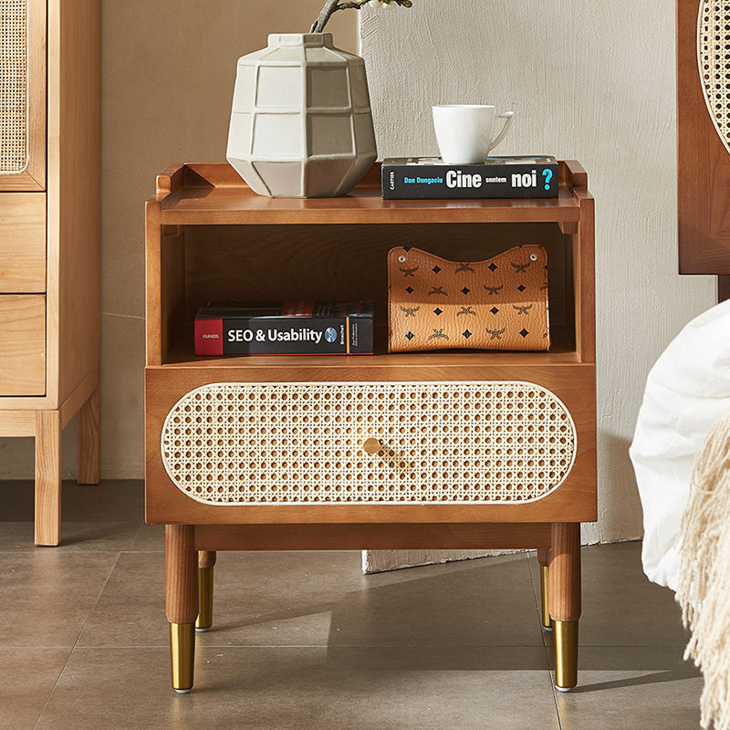 Nordic Wood Rattan Square 1-Drawer Nightstand