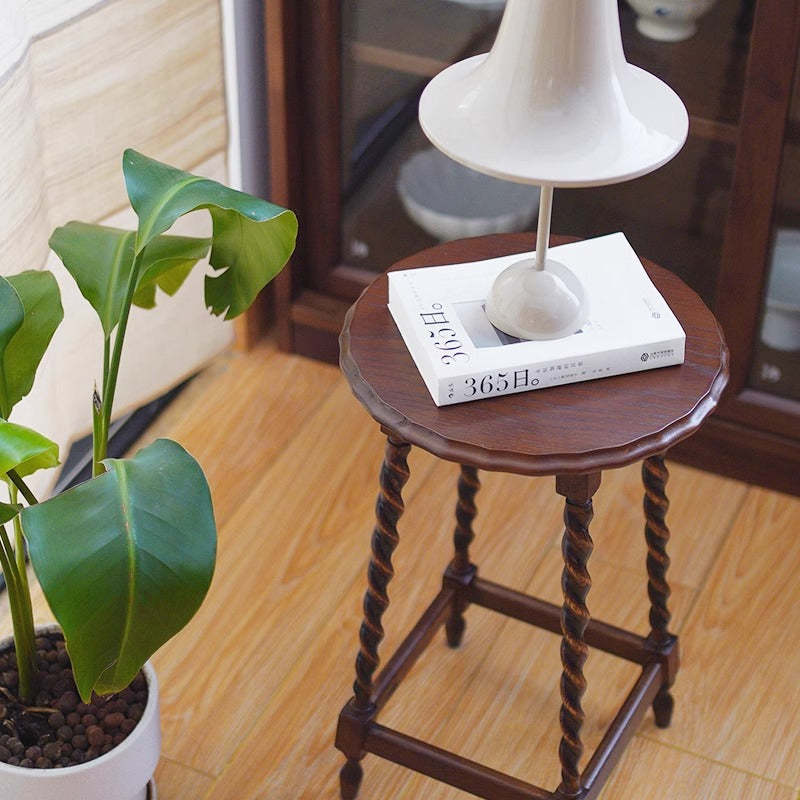 Vintage Wood Round-Top Square-Base Side Table