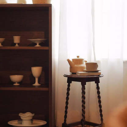 Vintage Wood Round-Top Square-Base Side Table
