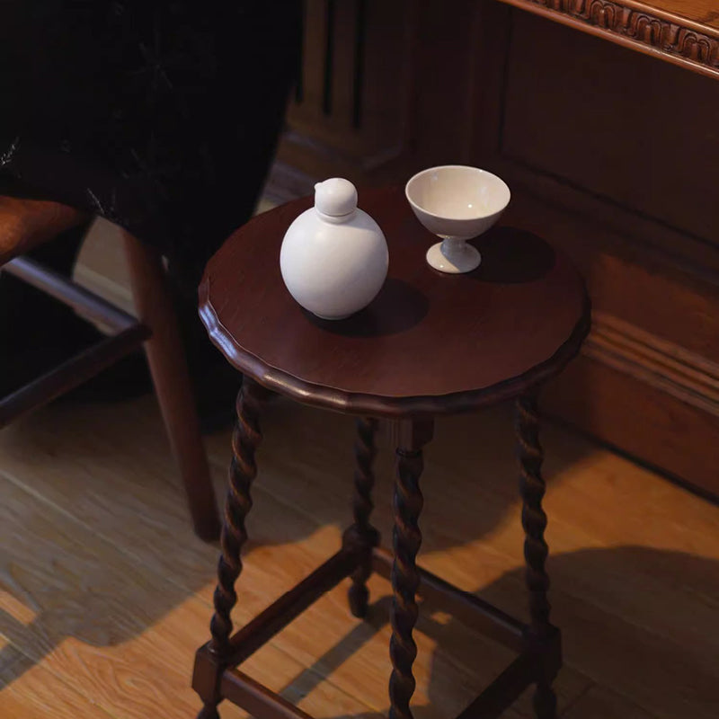 Vintage Wood Round-Top Square-Base Side Table — Black