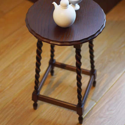 Vintage Wood Round-Top Square-Base Side Table