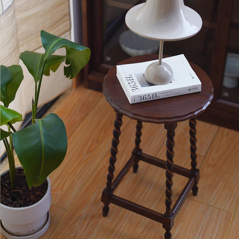 Vintage Wood Round-Top Square-Base Side Table