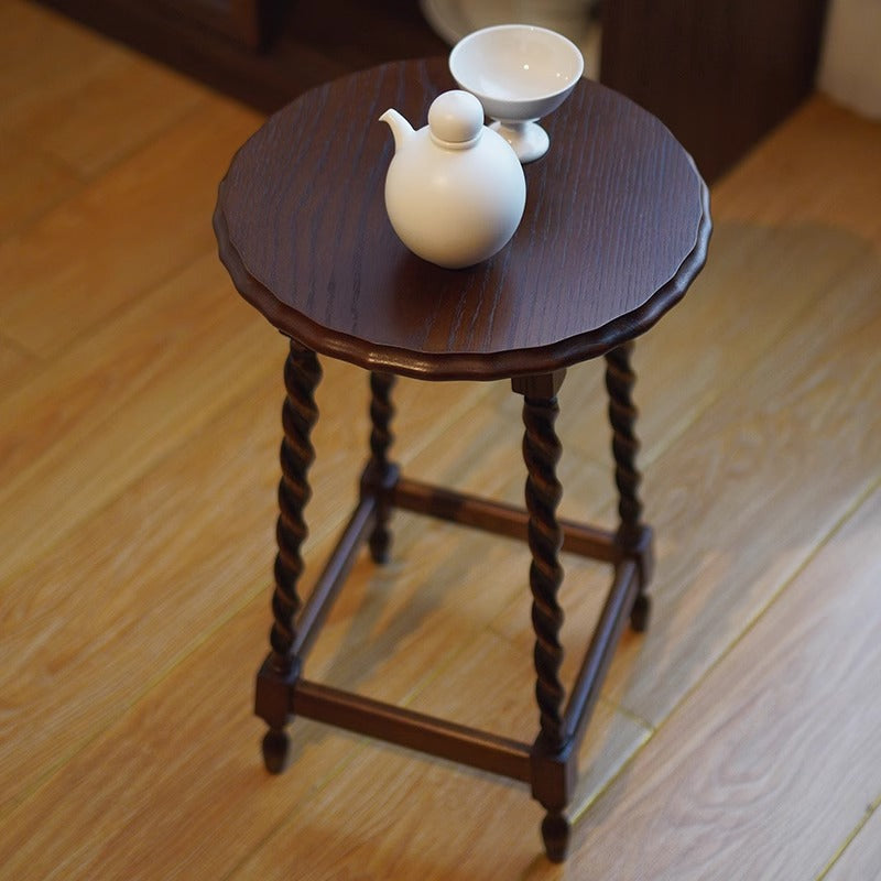 Vintage Wood Round-Top Square-Base Side Table