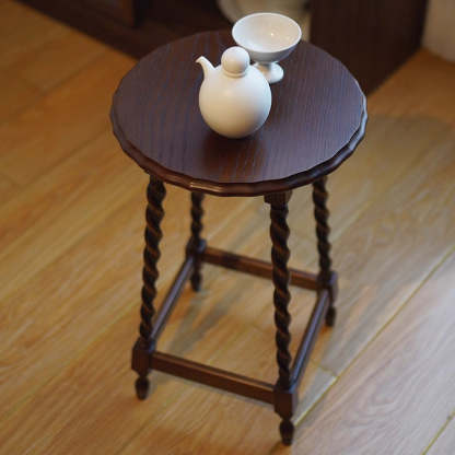 Vintage Wood Round-Top Square-Base Side Table