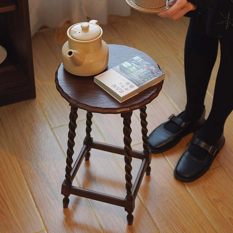Vintage Wood Round-Top Square-Base Side Table