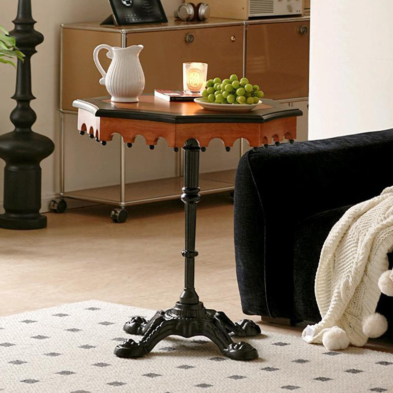 French Wood Iron Octagonal Cross-Base Side Table — Walnut Color + Black