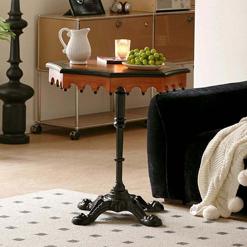 French Wood Iron Octagonal Cross-Base Side Table — Walnut Color + Black