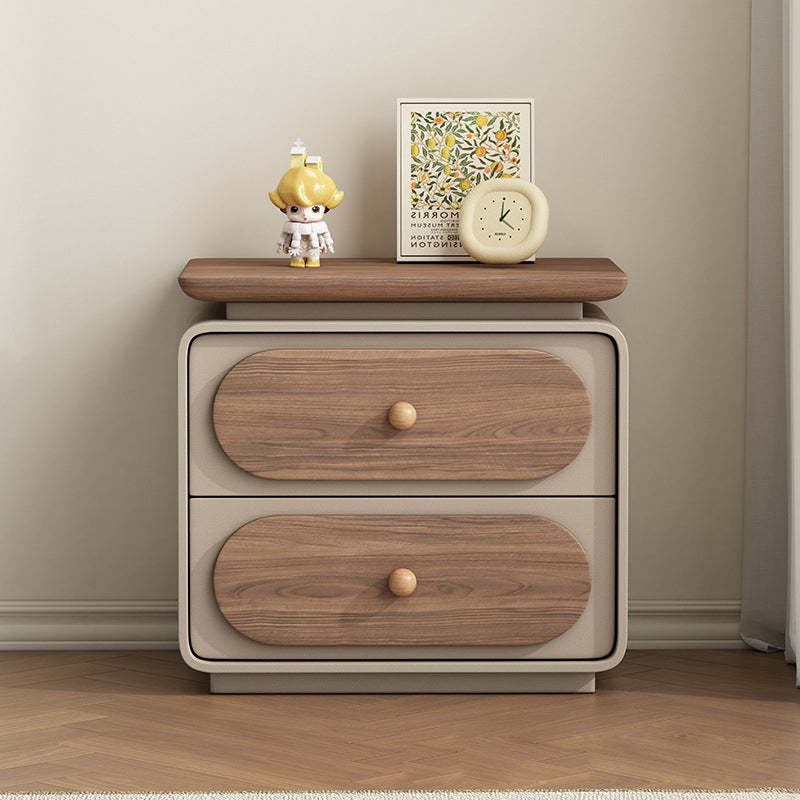 French Wood Microfiber Nightstand 2-Drawer — Beige + Walnut Color