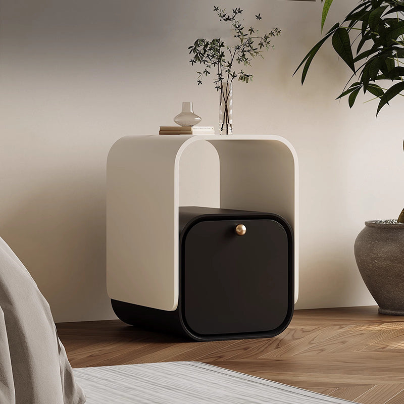 Minimalist Plank Wood Nightstand 1-Drawer — Black + White