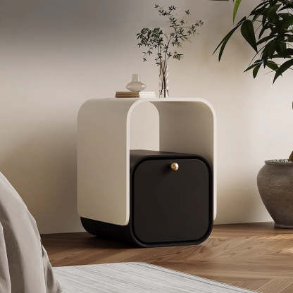 Minimalist Plank Wood Nightstand 1-Drawer — Black + White