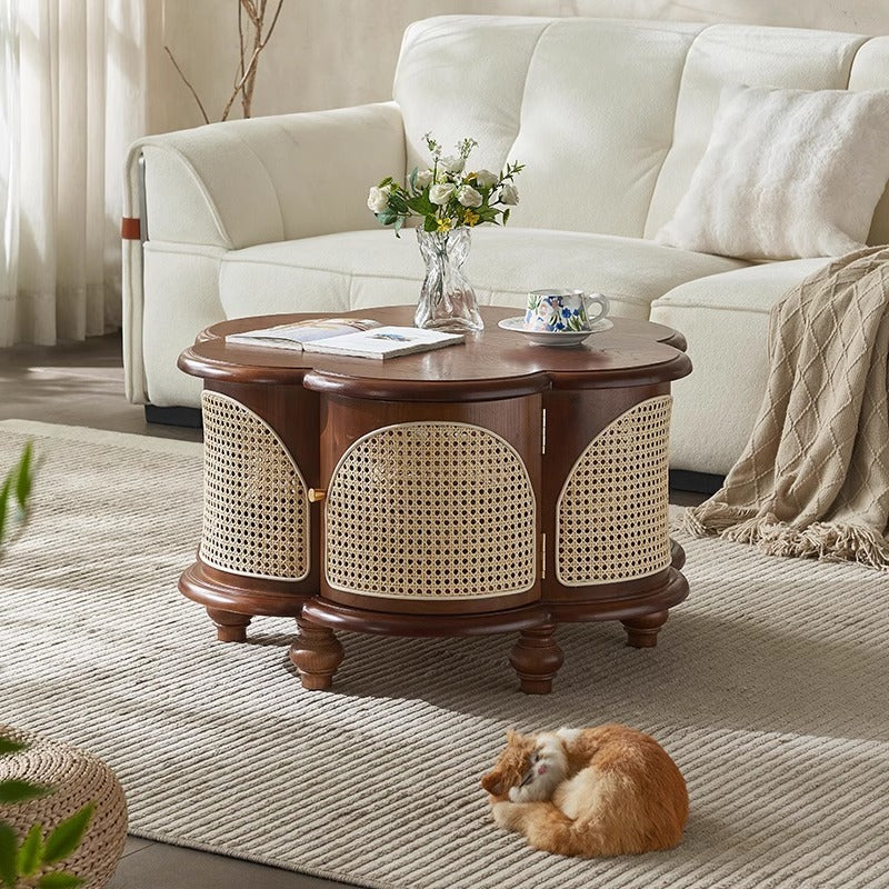 French Wood Rattan Floral Coffee Table 1-Cabinet