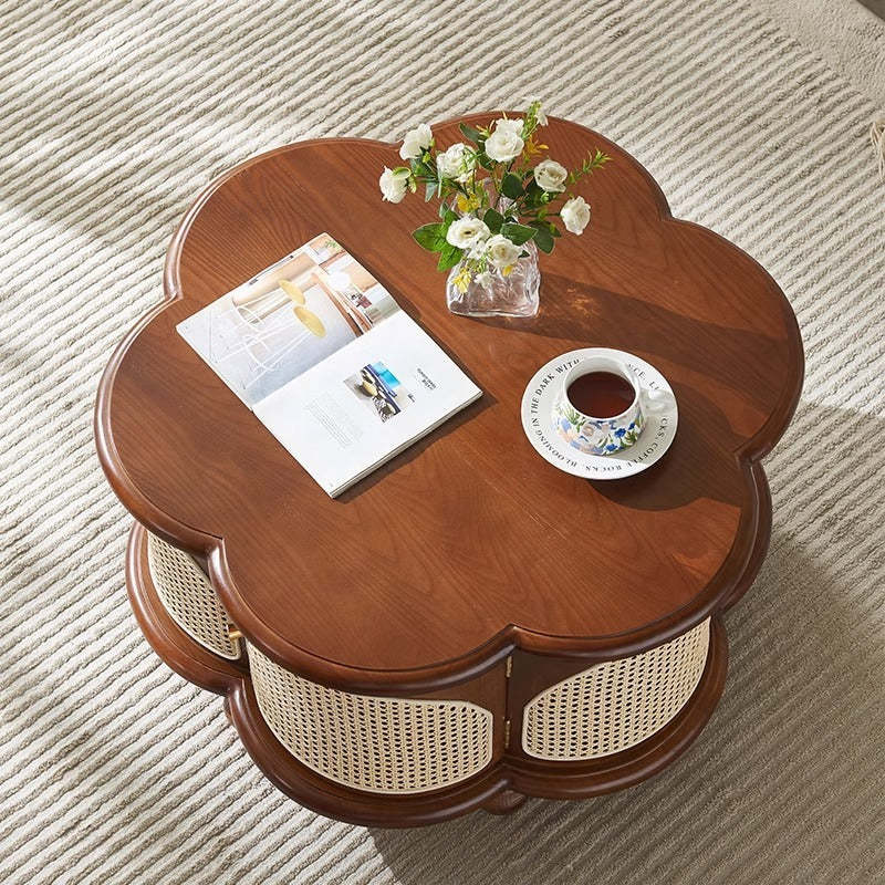 French Wood Rattan Floral Coffee Table 1-Cabinet