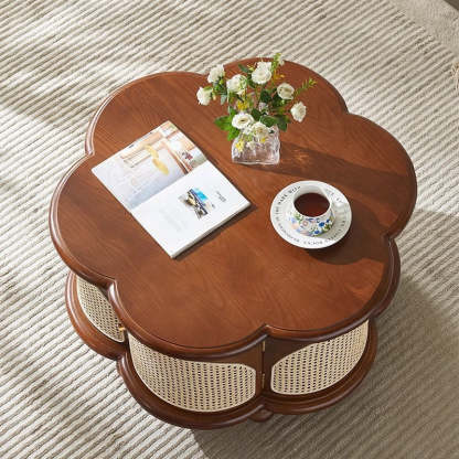 French Wood Rattan Floral Coffee Table 1-Cabinet