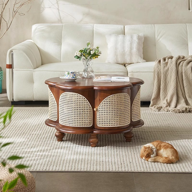 French Wood Rattan Floral Coffee Table 1-Cabinet