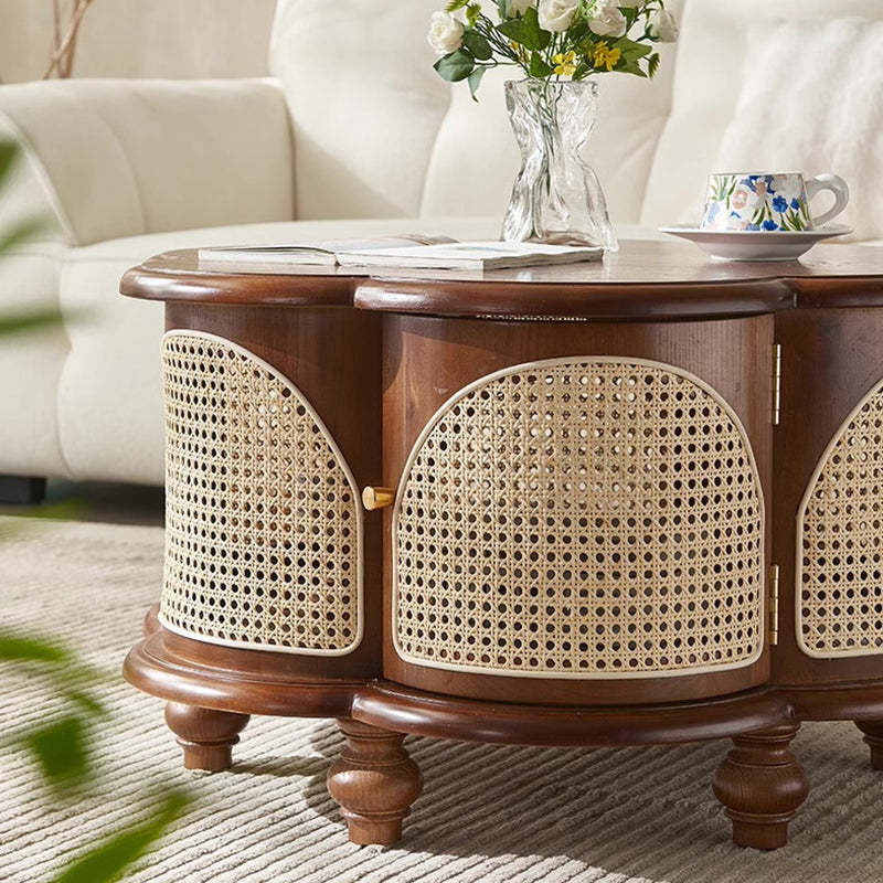 French Wood Rattan Floral Coffee Table 1-Cabinet