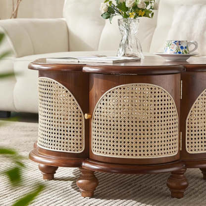 French Wood Rattan Floral Coffee Table 1-Cabinet