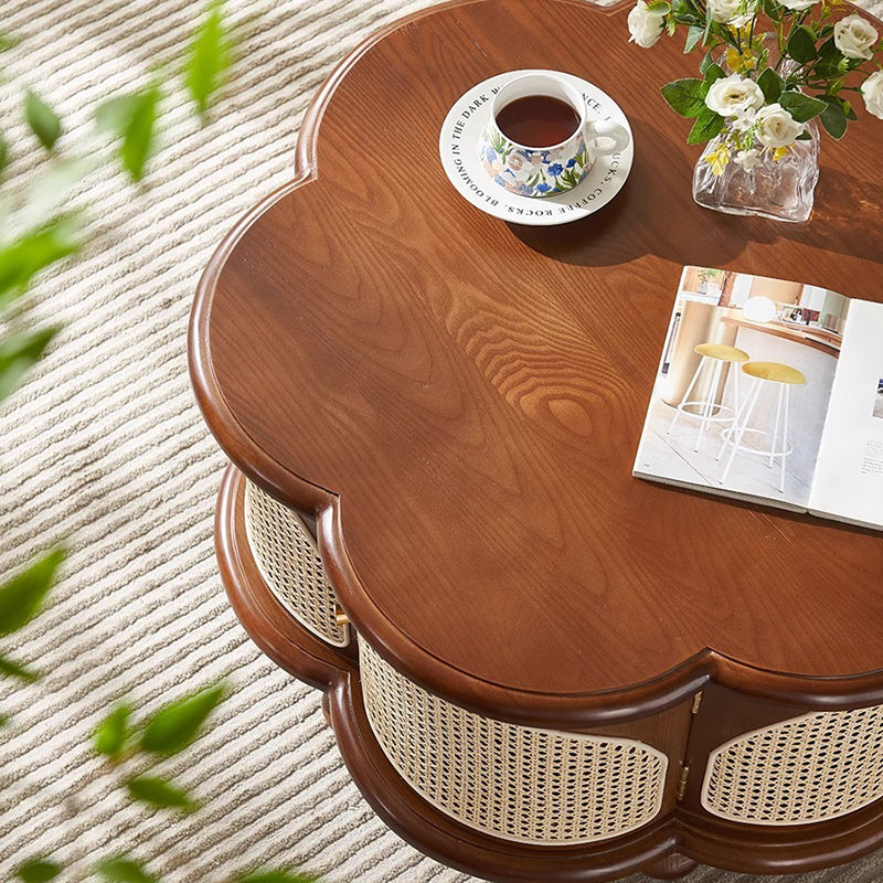 French Wood Rattan Floral Coffee Table 1-Cabinet