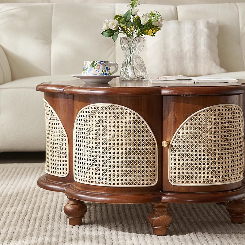 French Wood Rattan Floral Coffee Table 1-Cabinet