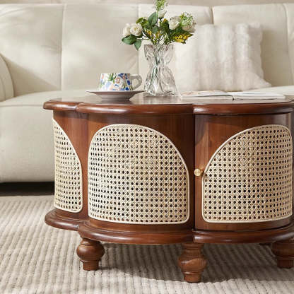 French Wood Rattan Floral Coffee Table 1-Cabinet