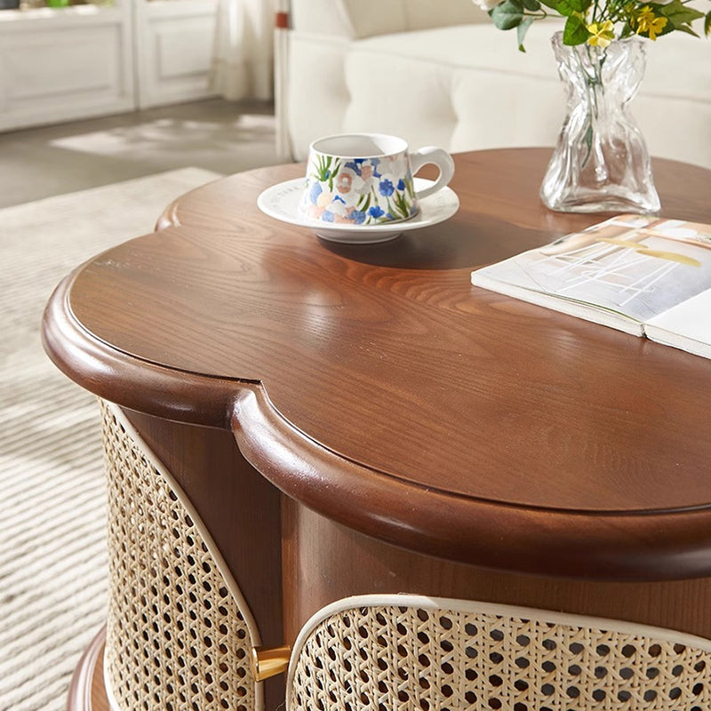 French Wood Rattan Floral Coffee Table 1-Cabinet