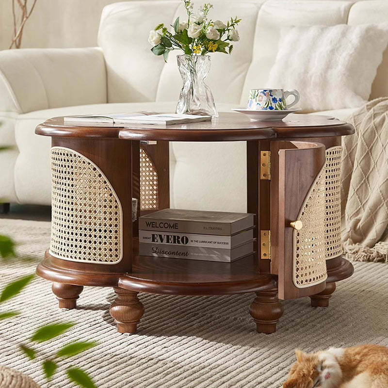 French Wood Rattan Floral Coffee Table 1-Cabinet