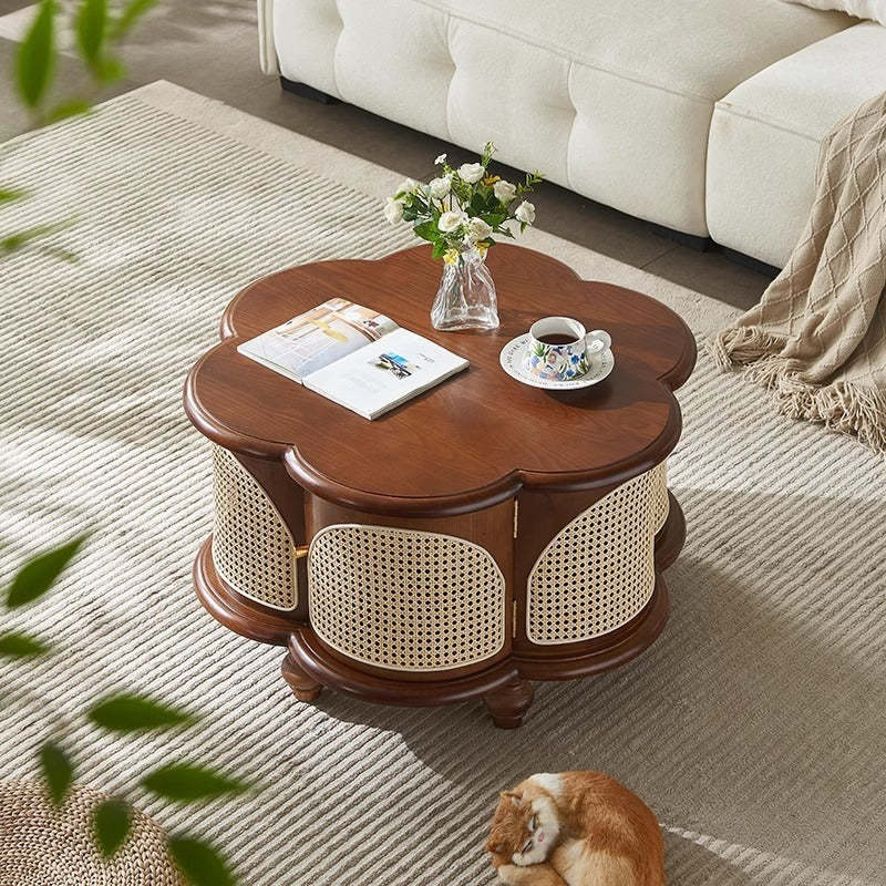 French Wood Rattan Floral Coffee Table 1-Cabinet