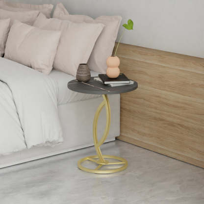 Minimalist Rock Slab Iron Round Side Table — Black / White