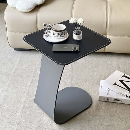 Minimalist Saddle Leather Carbon Steel Square Side Table — Gray