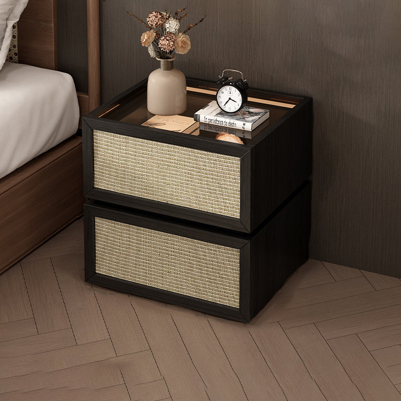 Minimalist Wood Rattan Glass 2-Drawer Nightstand — Original Wood Color / Glass