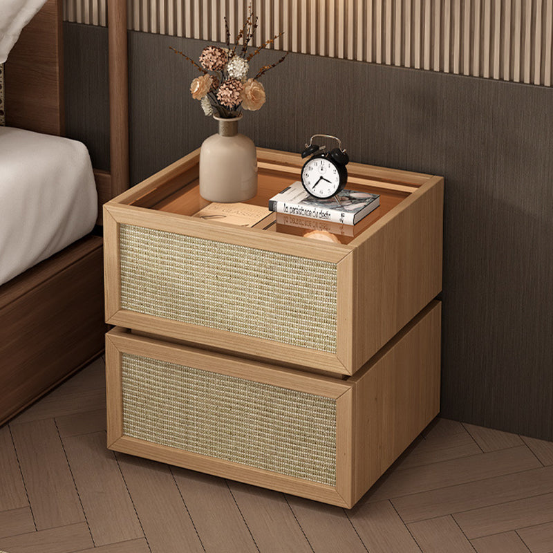 Minimalist Wood Rattan Glass 2-Drawer Nightstand — Teak Color / Wood