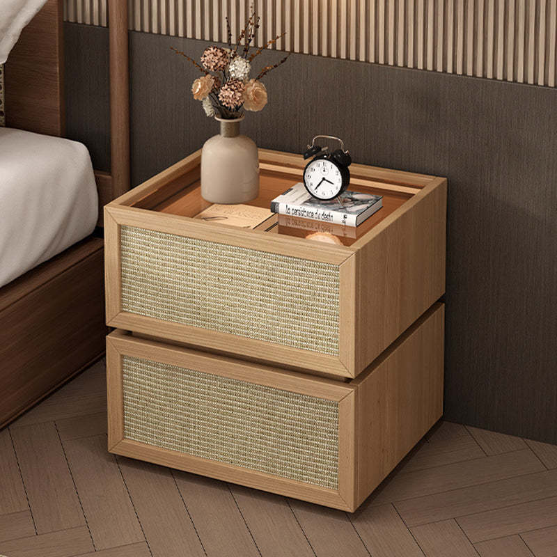 Minimalist Wood Rattan Glass 2-Drawer Nightstand — Teak Color / Wood