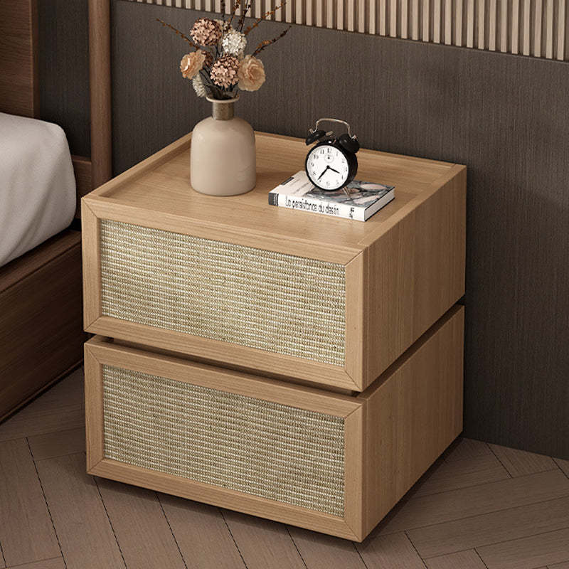 Minimalist Wood Rattan Glass 2-Drawer Nightstand — Teak Color / Glass