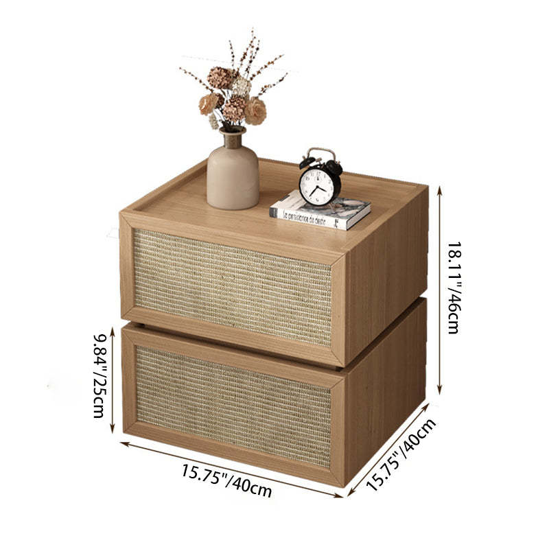 Minimalist Wood Rattan Glass 2-Drawer Nightstand — Black / Glass