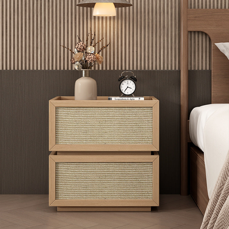 Minimalist Wood Rattan Glass 2-Drawer Nightstand