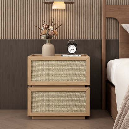 Minimalist Wood Rattan Glass 2-Drawer Nightstand