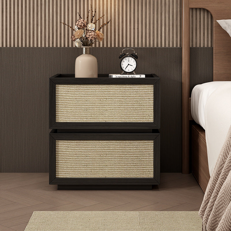 Minimalist Wood Rattan Glass 2-Drawer Nightstand