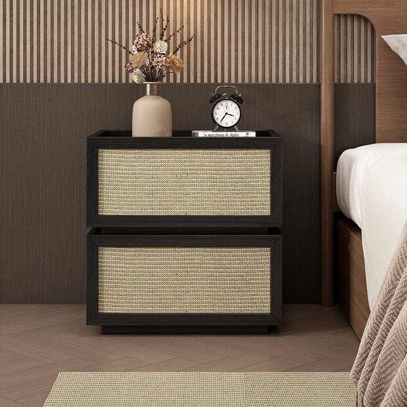 Minimalist Wood Rattan Glass 2-Drawer Nightstand