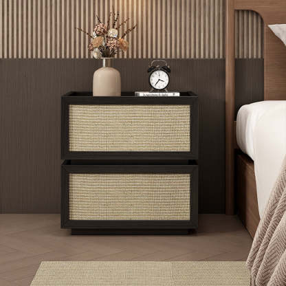 Minimalist Wood Rattan Glass 2-Drawer Nightstand