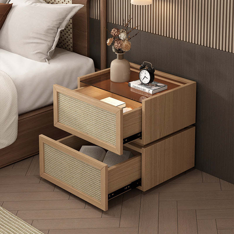 Minimalist Wood Rattan Glass 2-Drawer Nightstand — Original Wood Color / Wood